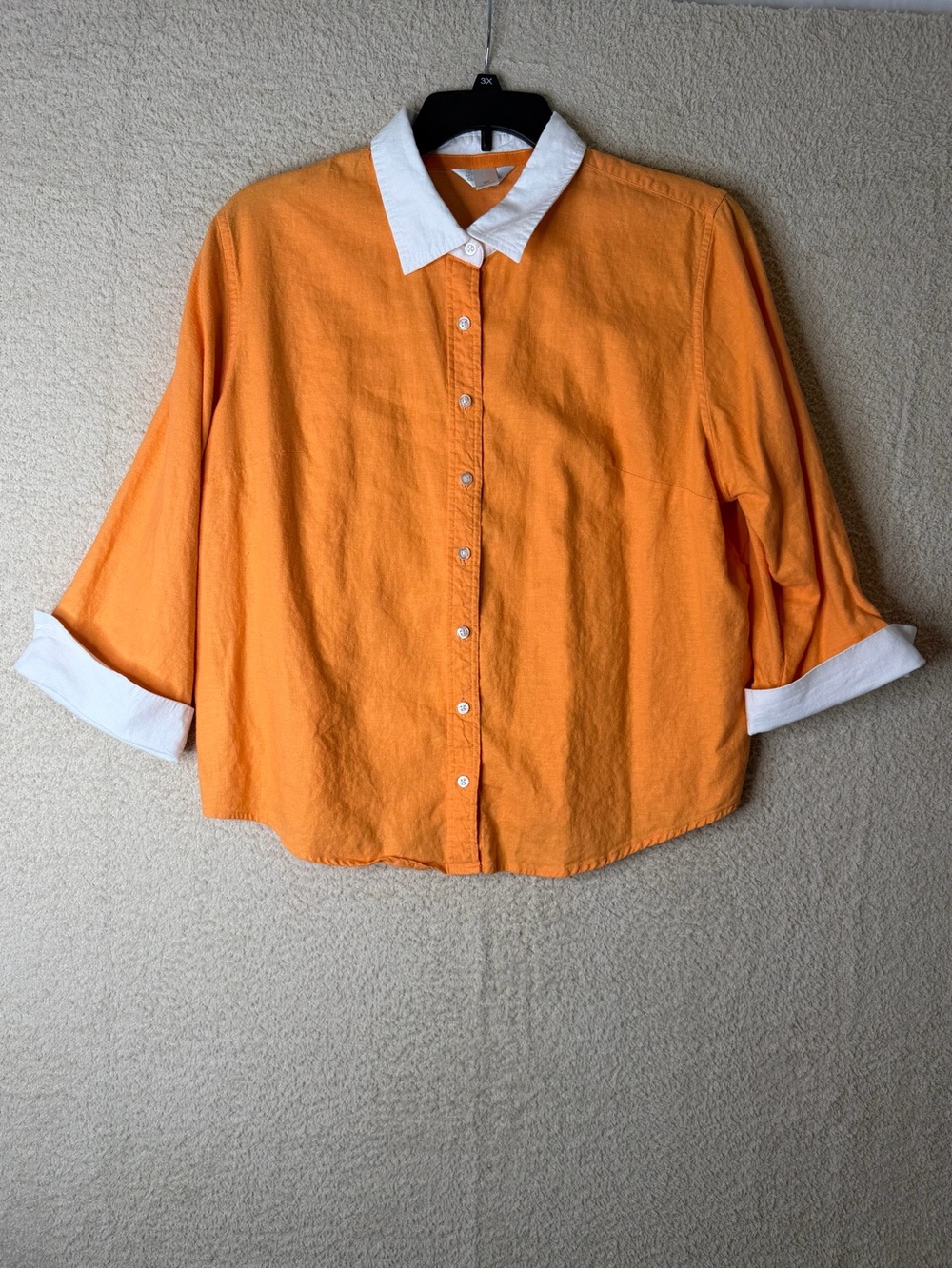 CJ Banks Orange Linen Blend Button-Up Shirt White Collar Size 2X